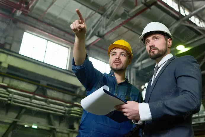 Portrait of two engineers discussing production in factory workshop, focus on businessman wearing hardhat and holding clipboard, copy space By Seventyfour