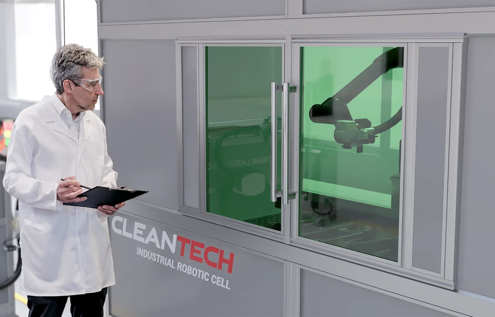 A technician in a white lab coat monitoring a laser cobot inside an industrial robotic cell from CleanTech, featuring a robotic arm visible through a green-tinted window, September 2025.