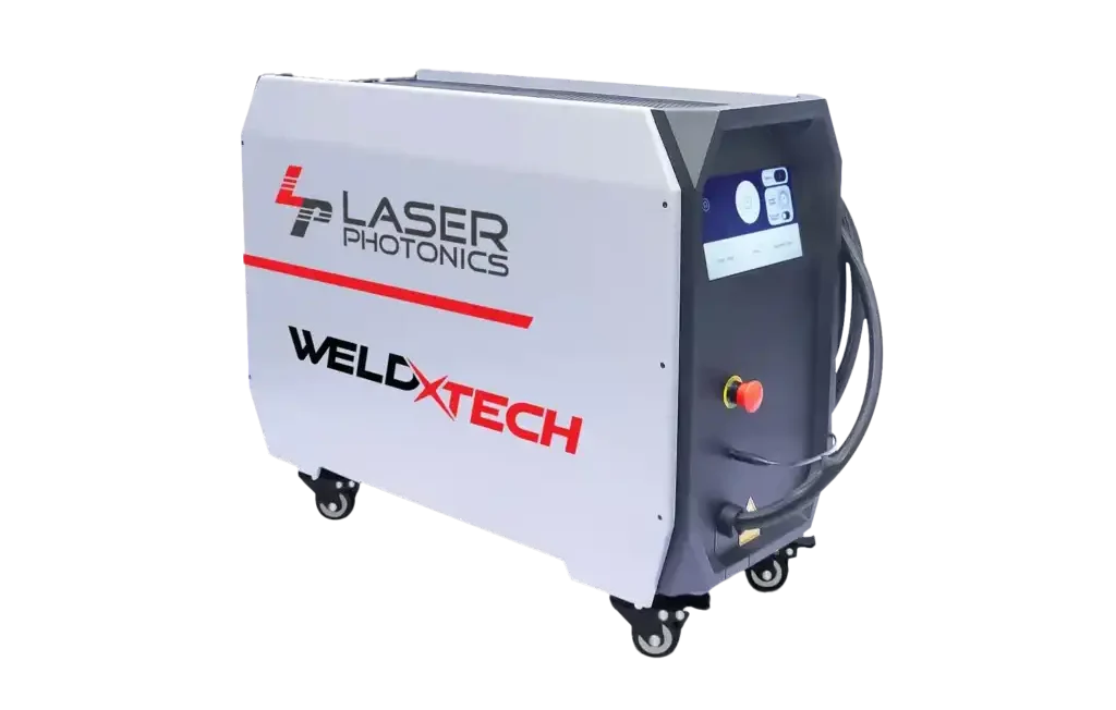 Image of a Laser Photonics WeldTech 6010 machine executing precision laser welding on a metal component, highlighting the focused laser beam and high-quality welding results for industrial applications.